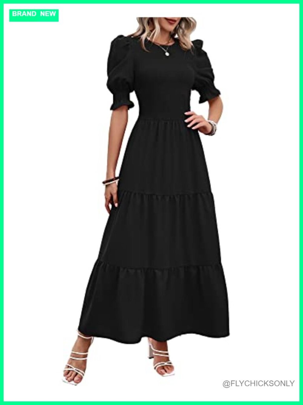 Smocked Boho Maxi Dress Puff Sleeve Flowy Tiered A-Line Side Pockets
